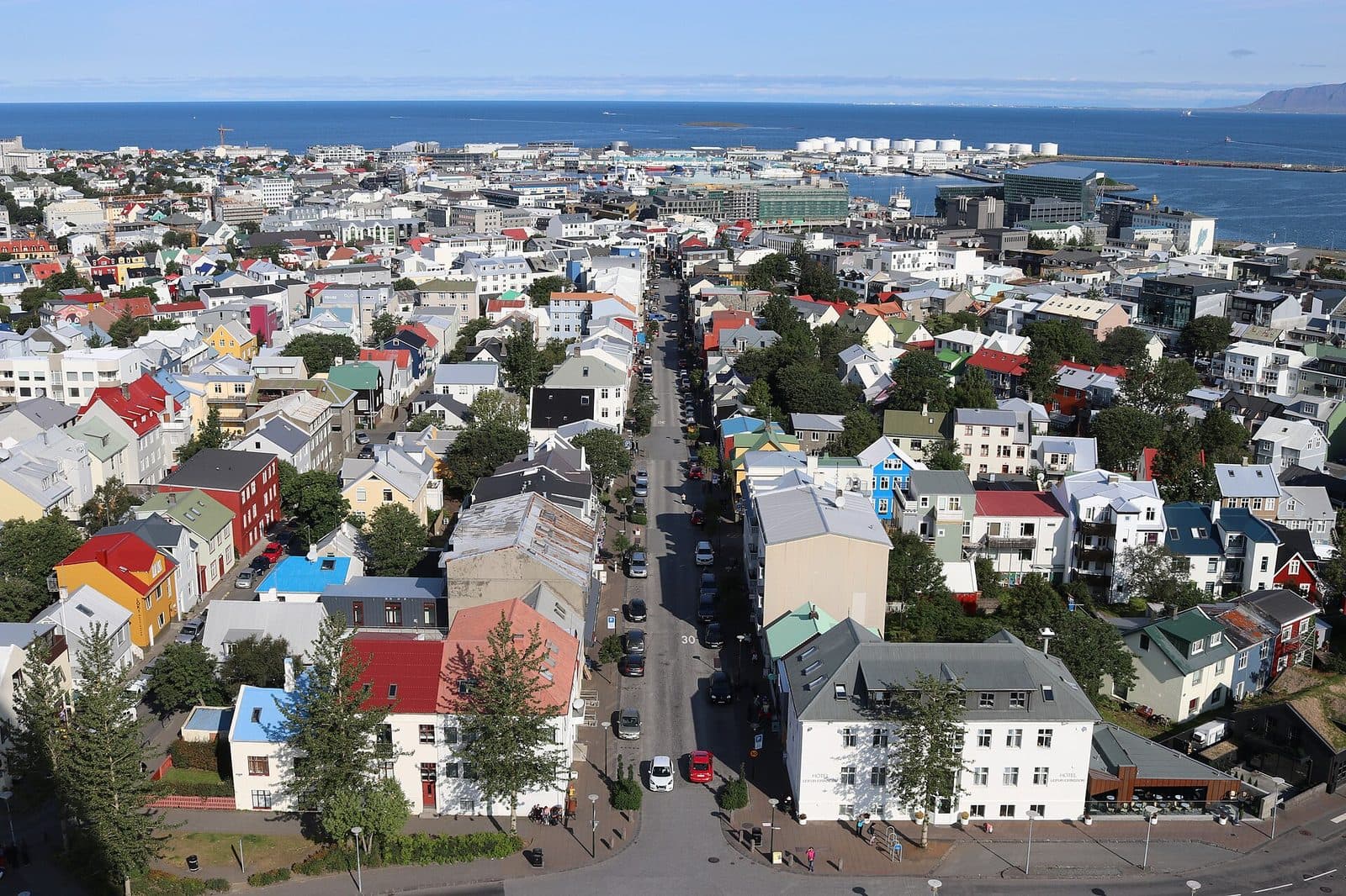Colourful rooftops of downtown Reykjavík looking down Skólavörðustígur toward the harbour