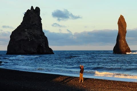 Reynisfjara black sand beach with sea stacks