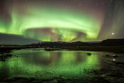 Northern lights in Eyjafjord in North Iceland