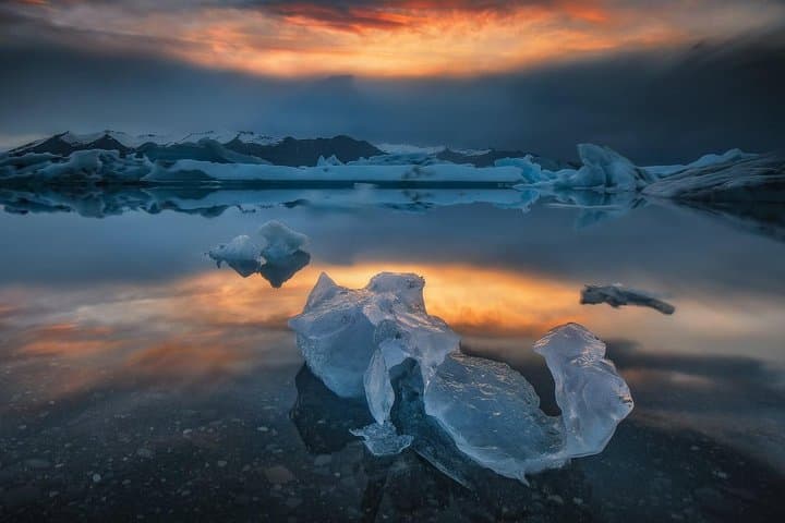 Jokulsarlon Glacier Lagoon is a large body of water filled with floating icebergs in Iceland.