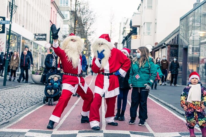 The Yulelads or Santa's of Iceland strolling downtown Reykjavik